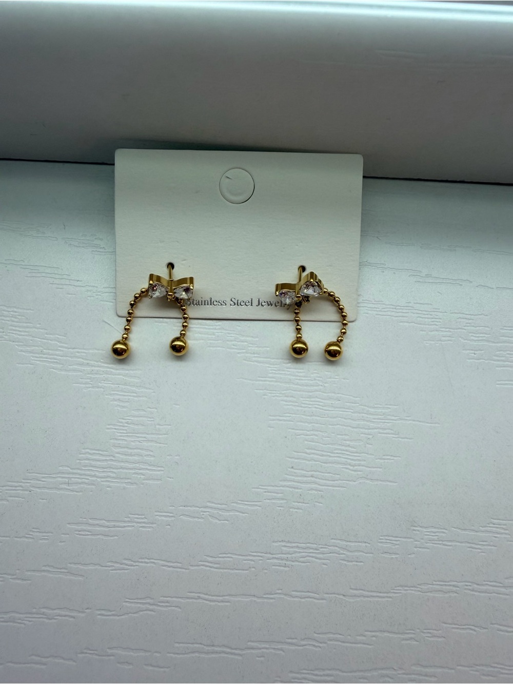 Gold Bow Drop Chain Earrings - Stainless Steel